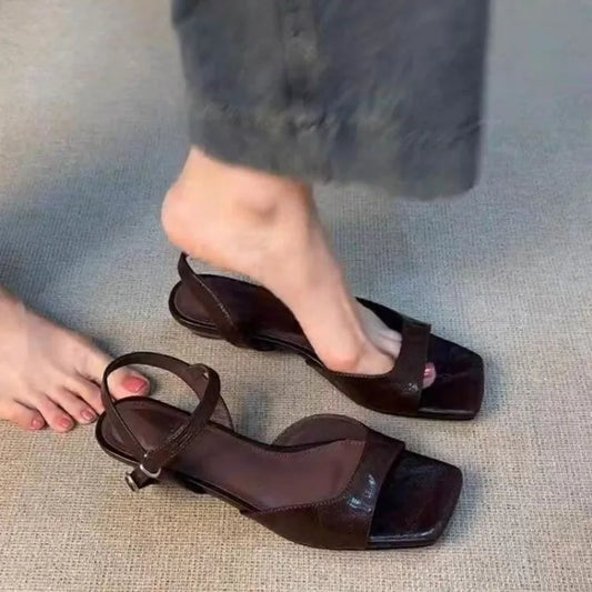 2025 Summer Women's Low Heel Sandals - Fashion Leather Material Suitable for Office Wear and Casual Outdoor Shoes Sizes 35 - 42