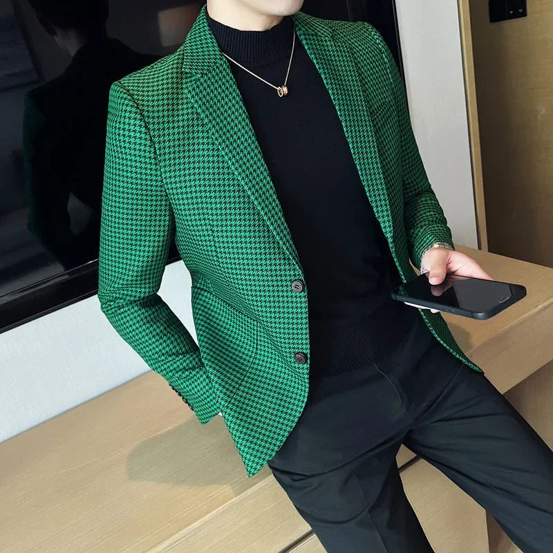 2025 Spring Men's Plaid Suit Jacket Korean Luxury Business Slim Fit Social Suit Jacket Formal Social Party Wedding Prom Tuxedo