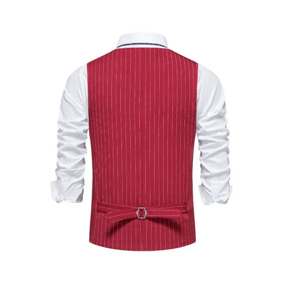 2026 New Red Striped Suit Vest For Men,Fashion Business Formal Wear Casual Khaki/Black Stripes Waistcoats
