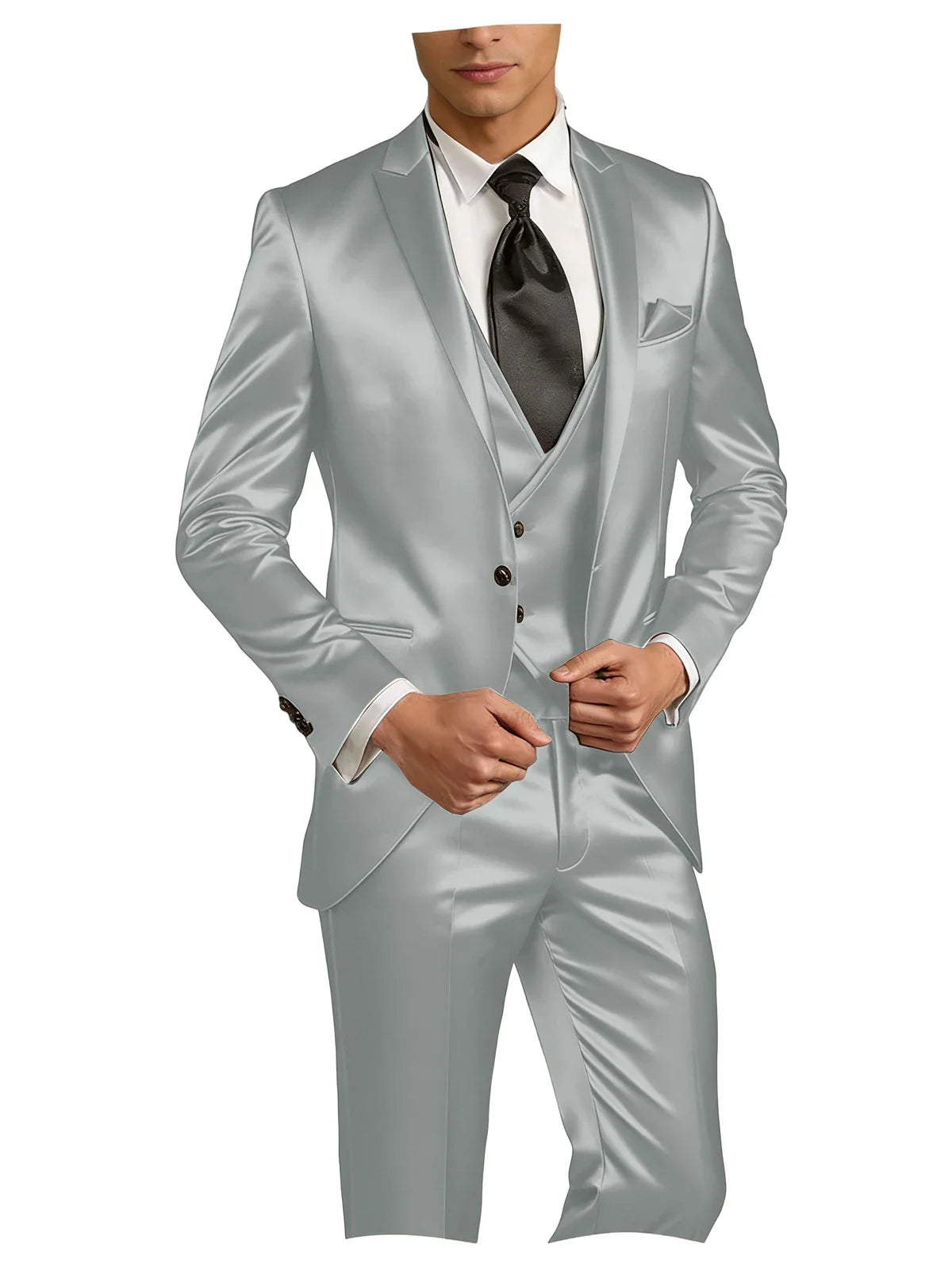 Luxury Men's Satin Suit 3 Piece Set Notch Lapel Slim Fit 1 Button Blazer Vest Pants for Formal Groom Groomsmen Prom Party