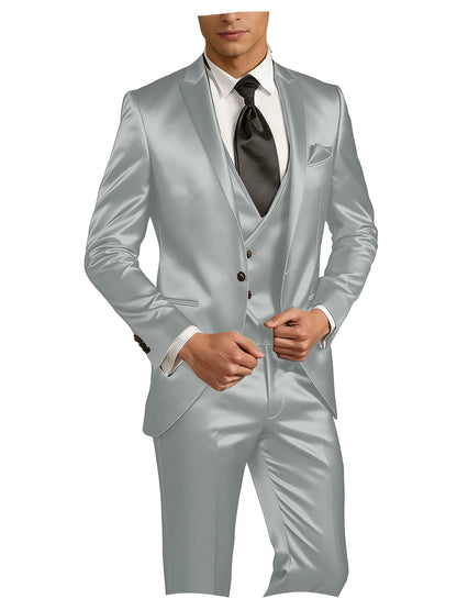 Luxury Men's Satin Suit 3 Piece Set Notch Lapel Slim Fit 1 Button Blazer Vest Pants for Formal Groom Groomsmen Prom Party