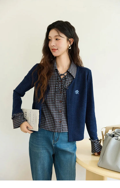 Women's Fake Two Knitted Sweaters 2025 Autumn Plaid Splicing Embroidered Tops Retro Lapel Flare Sleeve Tops MXE45Z1401