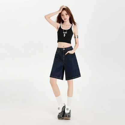 Women's High Waist Wide Leg  Y2K American Retro Washed Five-Point Denim Shorts Summer Loose Slim Straight Cut Mid-Length Pants
