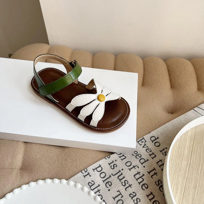 Girl's Sandals Hollow-out Solid Fashion Color Flower Leather Kids Sliders Open Toe Light Sweet Hook-loop Summer Children Shoe