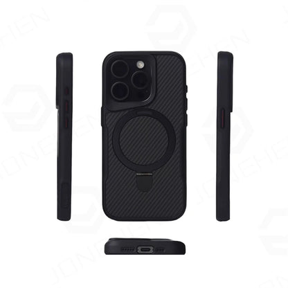 Luxury For Magsafe Shockproof Frame Armor Case For iPhone 13 15 12 14 16 17 Pro Max Metal Bracket Carbon Fiber Pattern Cover