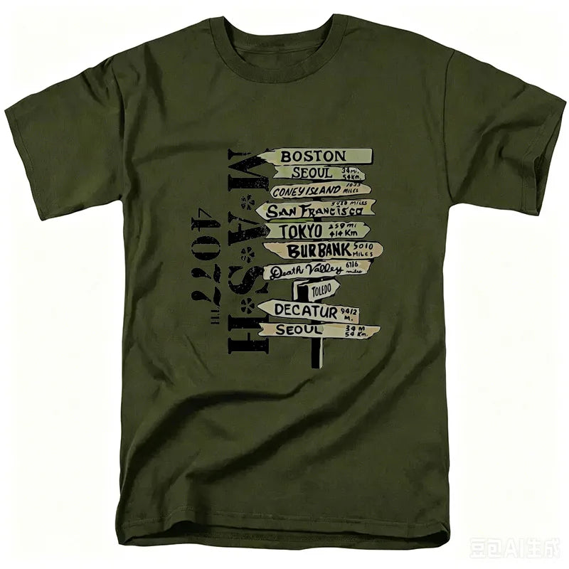 Mash Distressed Logo T Shirt Mens 4077 Licensed Classic TV Show Militarryy Green2026 High quality Brand Casual