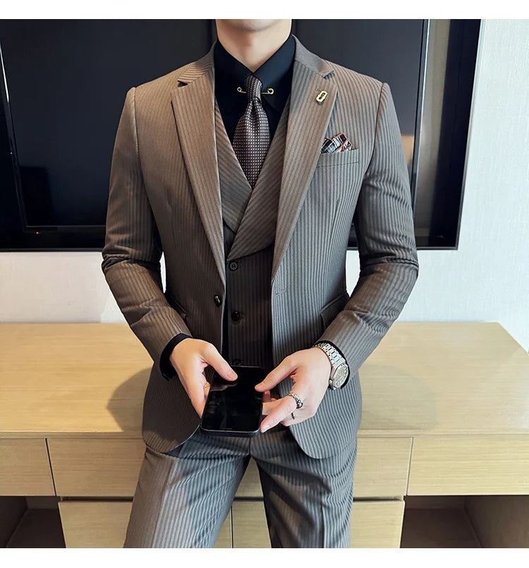 Luxury Stripe Men Suit Korean Version Fashion Elegant Slim Fit Tuxedo Formal Groom Wedding Social Suits