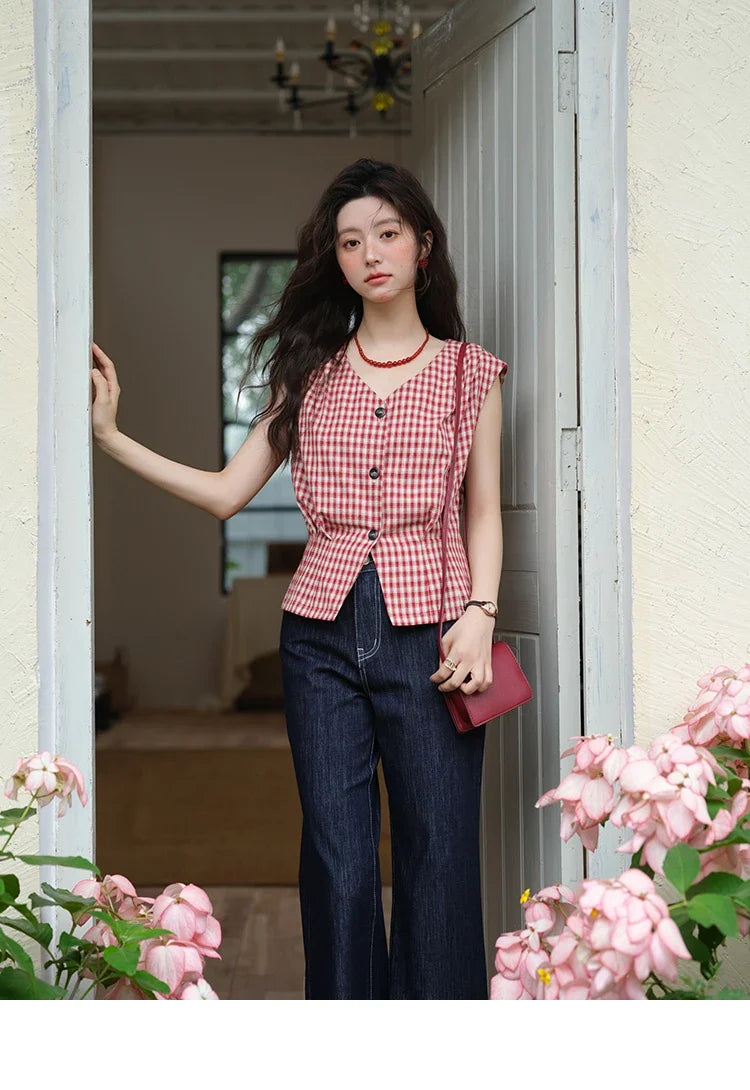 Women's Fashion V-neck Shirt 2026 Summer New Plaid Ladies Red Button Shirt Casual Retro Top Female Clothing MXE37X1921
