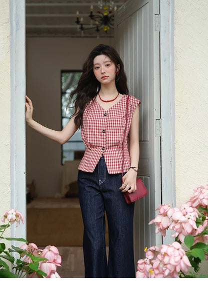 Women's Fashion V-neck Shirt 2026 Summer New Plaid Ladies Red Button Shirt Casual Retro Top Female Clothing MXE37X1921