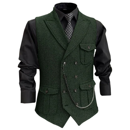 Men Vest GrayHerringbone Double Button With Pocket Waistcoat For Wedding Party Banquet Business Casual Daily Work Men Suit Vest