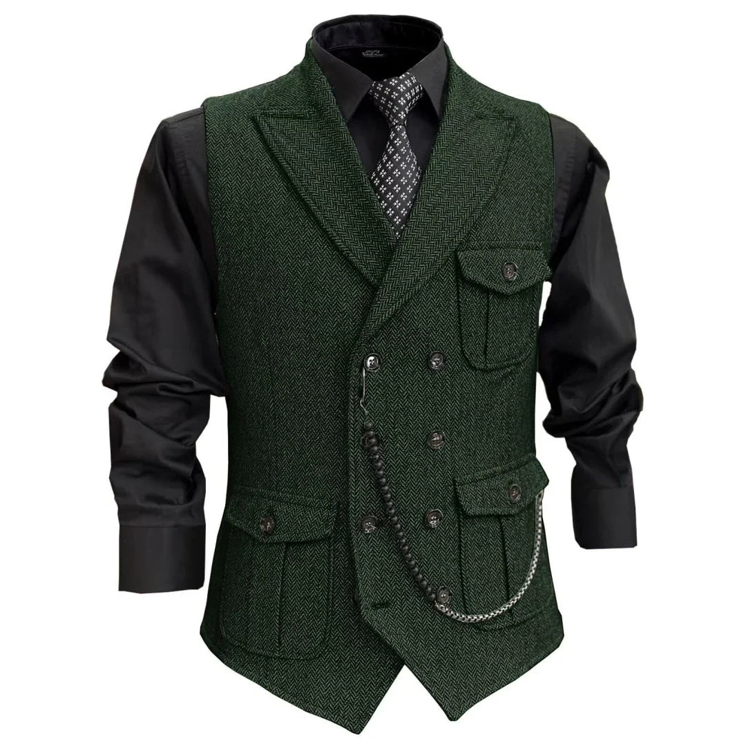 Men Vest GrayHerringbone Double Button With Pocket Waistcoat For Wedding Party Banquet Business Casual Daily Work Men Suit Vest
