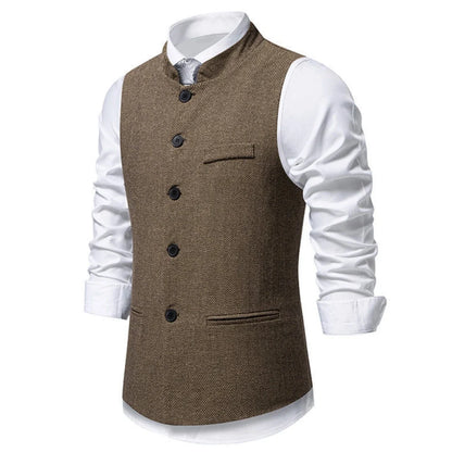 Men Vest Brown Herringbone Height Collar Single Button Waistcoat For Wedding Business Work Office Daily Casual Men Suit Vest