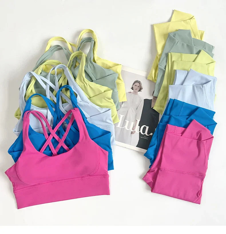 2 Pieces Yoga Set Women Gym Set Workout Clothes Sports Suits High Waist Leggings Cross Straps Fitness Bra Running Tracksuit👚👍️
