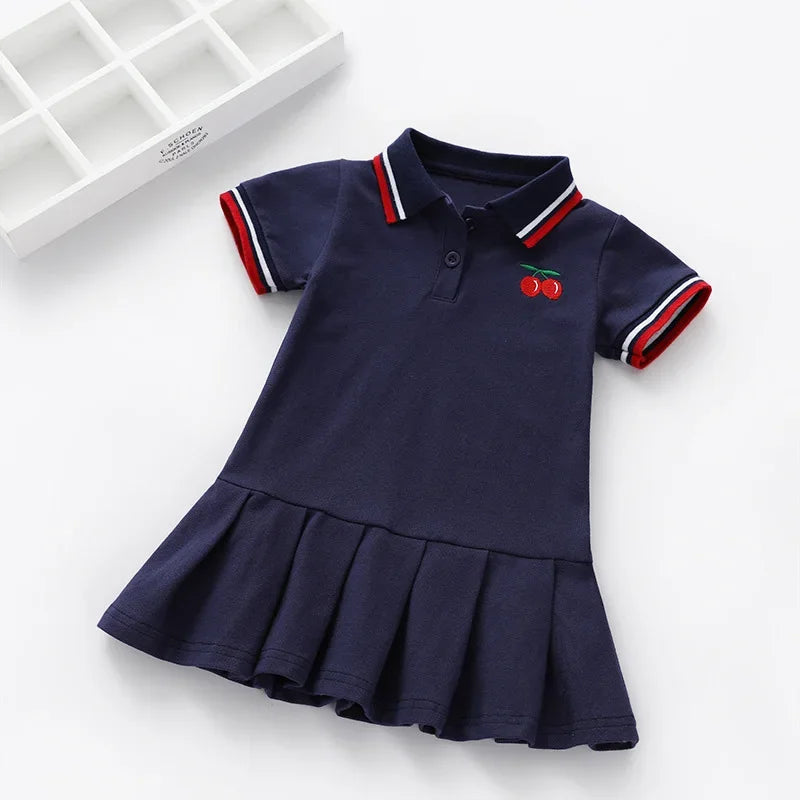 Girls Summer Dress New Children's Polo Pleated Dress Short Sleeve College Style Dresses WT26