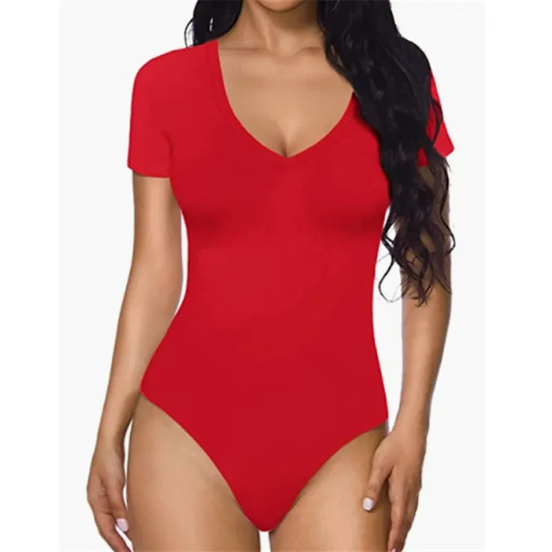Bodysuit Women Sexy Slim Short Sleeve Bodycon Jumpsuit V Neck Rompers Overalls Body Shapers 2024 New