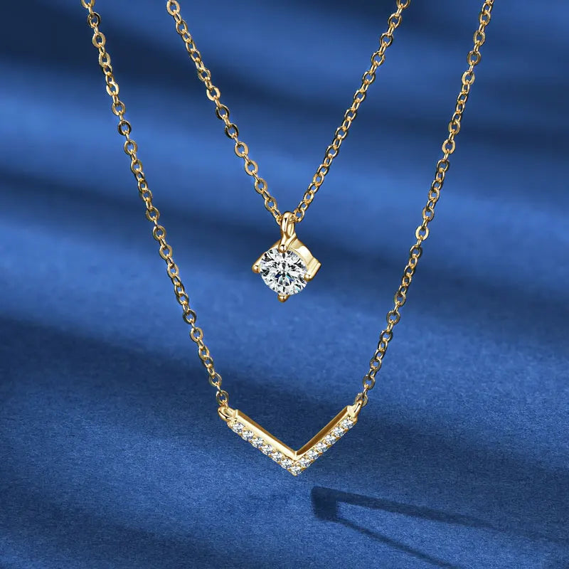 Certified Moissanite V-shape Pendant Double Necklaces Chains for Women S925 Sterling Silver Fine Jewelry Gifts Collares