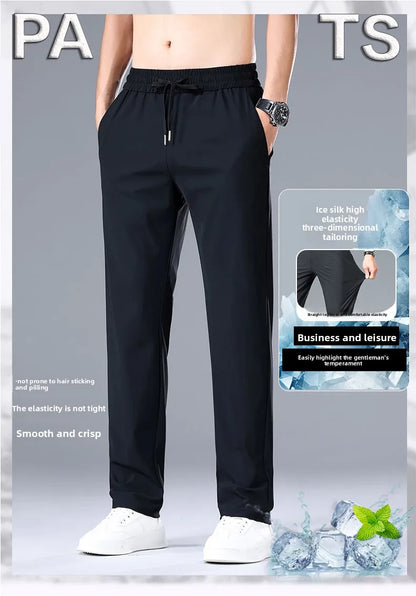 High Quality Ice Silk Stretch New Brand Casual Fashion Elastic Strappy Long Pants Street Style Pencil Teens Trousers Men Clothes