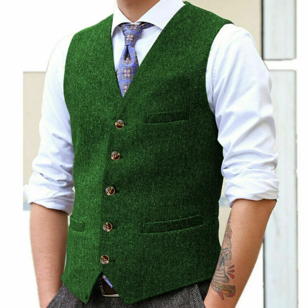 Men Vest Gray Herringbone Single Button With Pocket V Neck Waistcoat For Wedding Banquet Business Work Casual Daily Men Vest