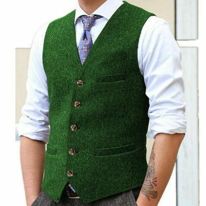 Men Vest Gray Herringbone Single Button With Pocket V Neck Waistcoat For Wedding Banquet Business Work Casual Daily Men Vest