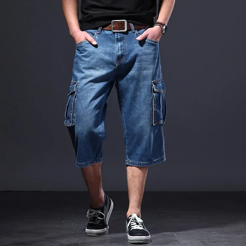 Amazon Summer Thin Loose-Fit Multi-Pocket Work Denim Shorts Casual Jeans Men's 5-Piece 7-Piece Ankle Length Blue Straight Leg