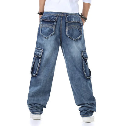 Mens Baggy Jeans Spring and Autumn New Fat Guy Large Size Fashion Multi-pocket Wide Loose Jeans Mens Denim Trousers