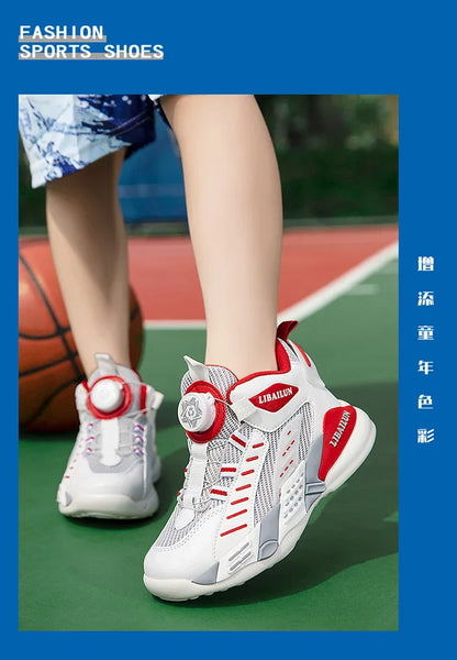 New Children Basketball Shoes Swivel Button Boys Fashion Sneakers Girls School Sport Shoes Kids Casual Trainers Outdoor Shoes