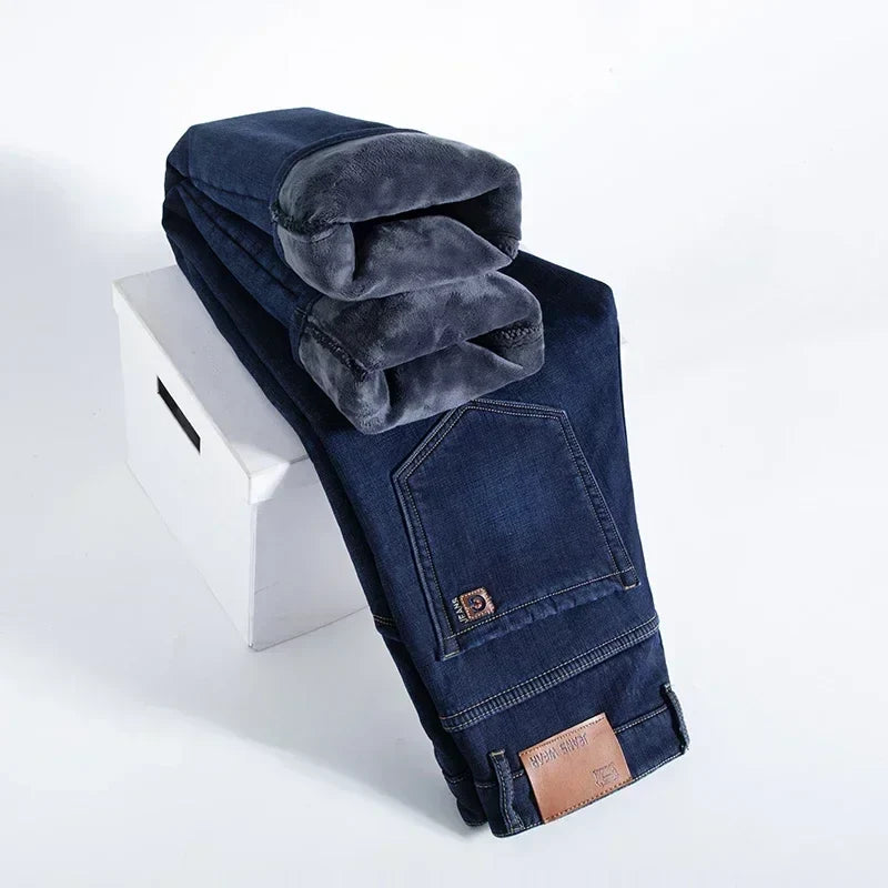Winter Fleece Thick Warm Jeans Classic Brand Business Casual Men's Fitted Straight Stretch Mid-high Waist Denim Jeans