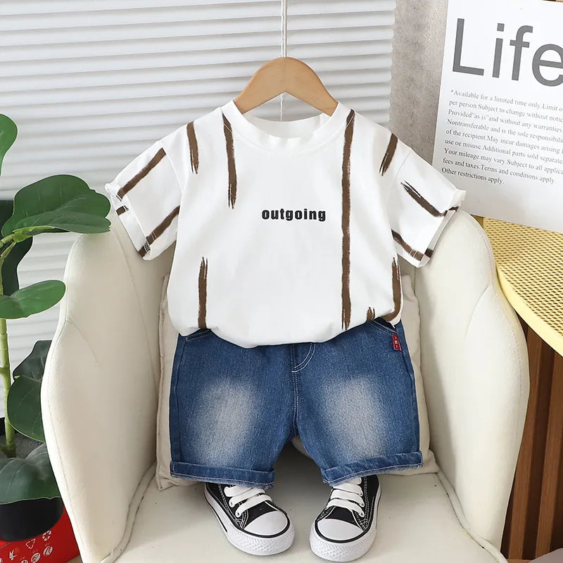 Hot Sale Baby Boys Clothes Children Cotton Printe Causal T Shirts Denim Shorts 2Pcs/set Infant Kids Toddler Tracksuits 0-5 Years