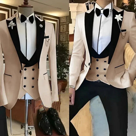 Solid Men's 3 Pieces Suit One Button Peak Lapel Jacket Vest Trousers Dinner Wedding Groom Tuxedos Slim Fit Formal Business Suits