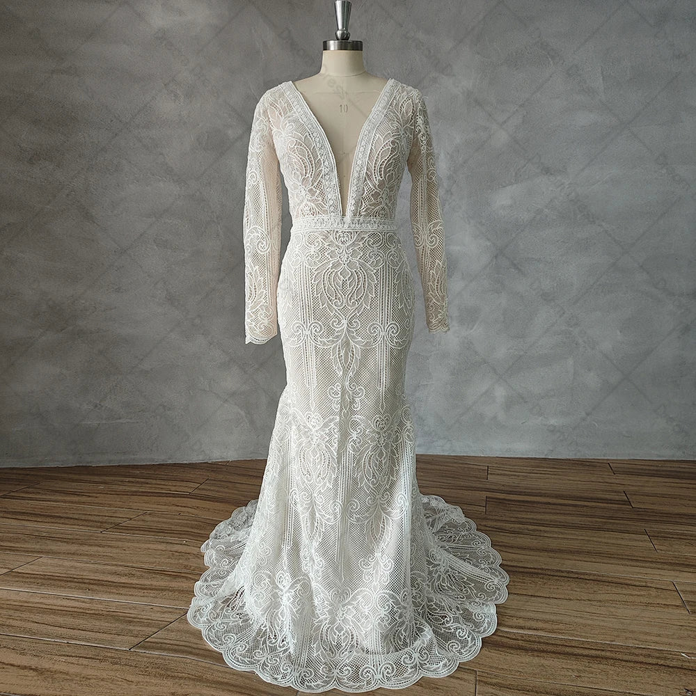 Customized Deep V Neck Lace Mermaid Wedding Dress Backless Long Sleeves Sweep Train Boho Bridal Gowns Custom Made Bohemian
