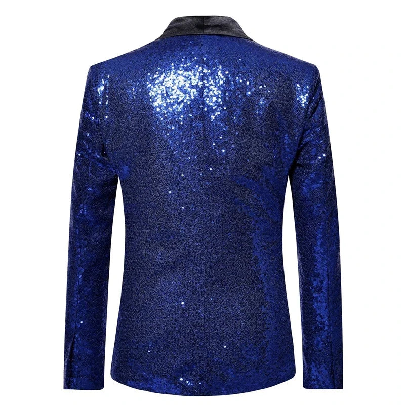 2026 Men's Suit Jacket, Shiny Sequin Stage Performance Coat, White Silver Blue Red Purple Blazers V-neck Single Button