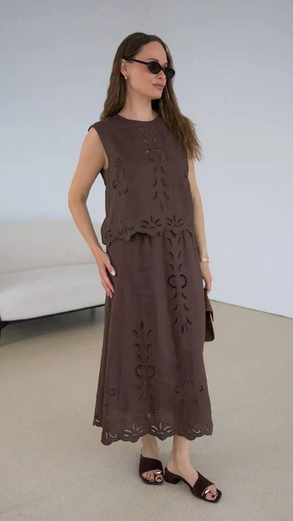 Summer Women Linen Two Piece Set Cut-Out Embroidered Sleeveless Top Midi Skirt Boho Beach Vacation Style
