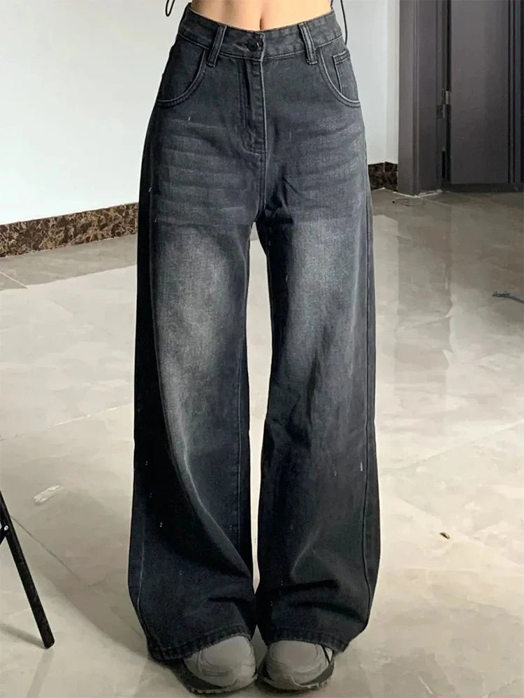 Korean Vintage High Waist Women's Jeans Y2K Slimming Pear-Shaped Loose Straight Bell Bottoms Black Gray Baggy Denim Trousers