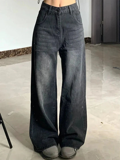 Korean Vintage High Waist Women's Jeans Y2K Slimming Pear-Shaped Loose Straight Bell Bottoms Black Gray Baggy Denim Trousers
