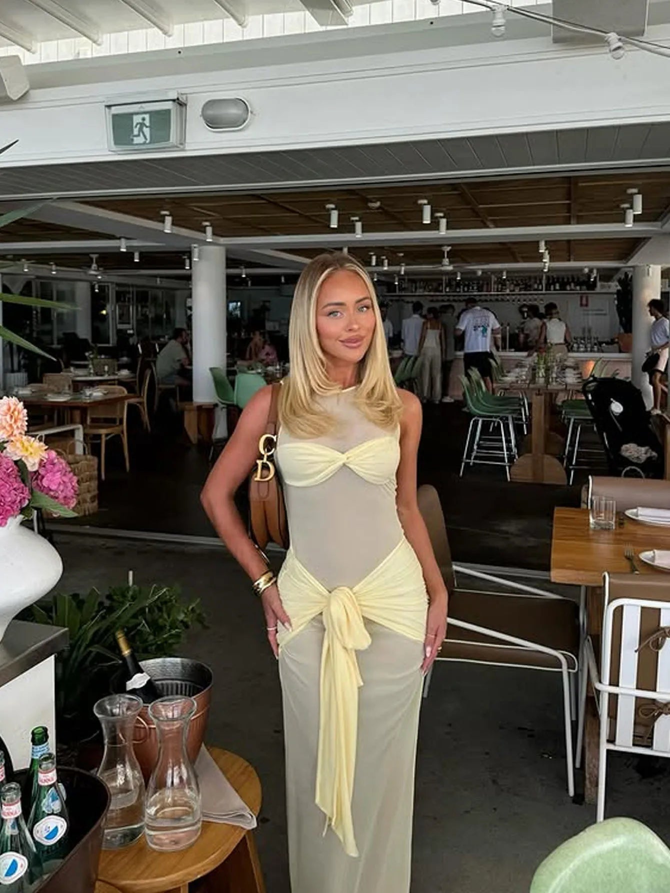 Women's fashion Pale Yellow Sheer Mesh Maxi Dress with Twist Front & Self-Tie Waist,Back to School,Fall Dresses For Women