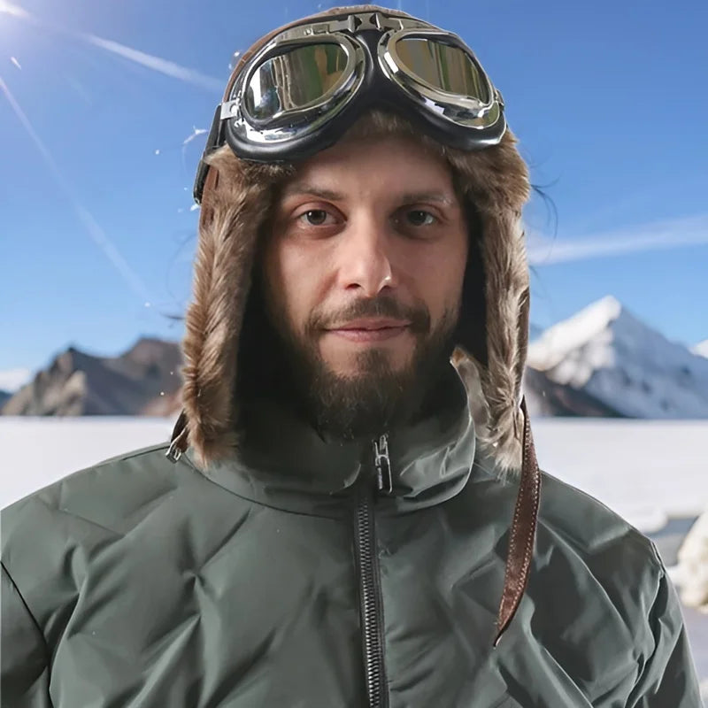 Men Winter Bomber Hat With Goggles Outdoor Motorcycle Windproof Warm Faux Fur Pilot Earflap Hat Leather Thermal Ushanka