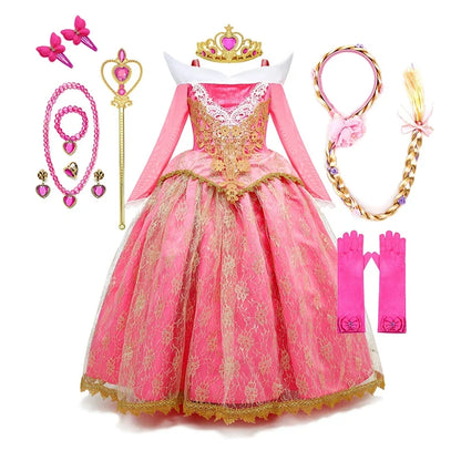 Sleeping Beauty Aurora Princess Dress Cosplay Off Shoulder Kids Gifts Fancy Halloween Party Girl Baby Lace Dress Set