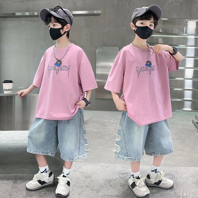 2025 New Summer Clothing Set for Kids Boy Luxury Summer Suit Children Cotton T-shirt And Denim Shorts 2 Pieces Tracksuit Outfit