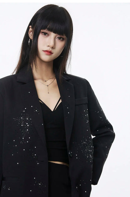 Women's Rhinestone Blazer Long Sleeve Suit Jacket Designer Loose Fit Office Casual Sparkly Blazer Fashion Outerwear Coat