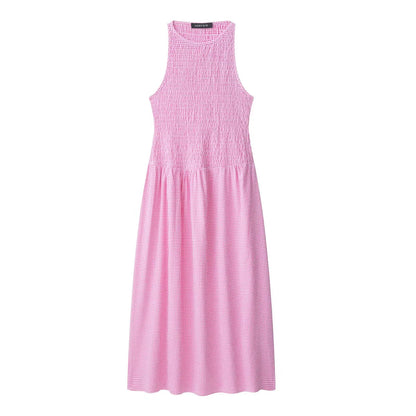 Dress for Women Fashion Summer New Plaid Fold Sleeveless O-neck Midi Vest Dresses French Chic Female Evening Clothing