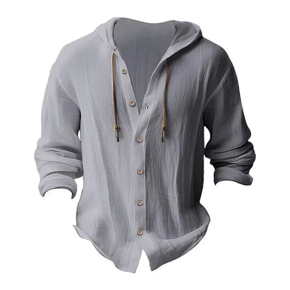 Men's Solid Color Casual Shirt, Hooded Drawstring Cotton and Linen Cardigan, Trendy and Versatile Loose Beach T-Shirt