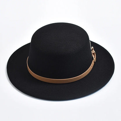 New Metal R Letter Fedora Hat for Women Fashionable Winter Flat Top Wedding Church Bowler Cap Females Elegant Holidays Hat