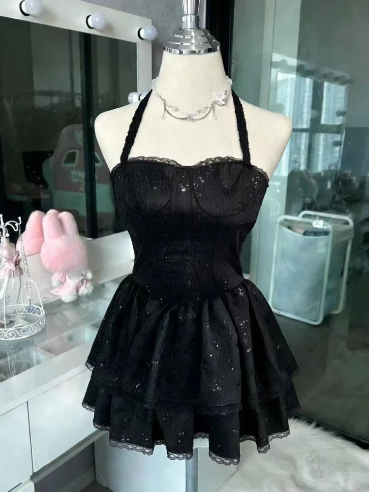 French Style Sweet Cute Polka Dot Splicing Dress Lace Bow Korean Fashion Dresses New Design Slim Waist Lady Y2k Mini Dress