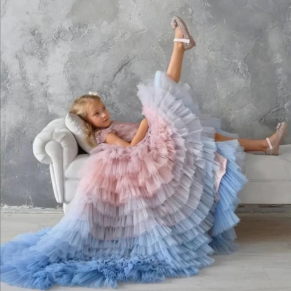 Pink And Blue Flower Girl Dresses For Wedding Ruffles Lace Applique Tiered Kids Lovely Birthday Party Bridesmaid Ball Gowns 2025