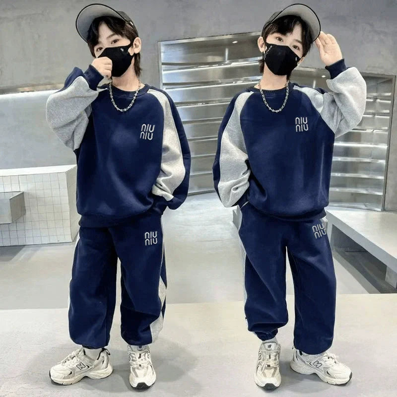 Spring Autumn Boys Embroidery Alphabet Workout Sweatshirt+Sweatpant Set School Kids 2PCS Tracksuit Children Jogger Outfit 7-16Yr