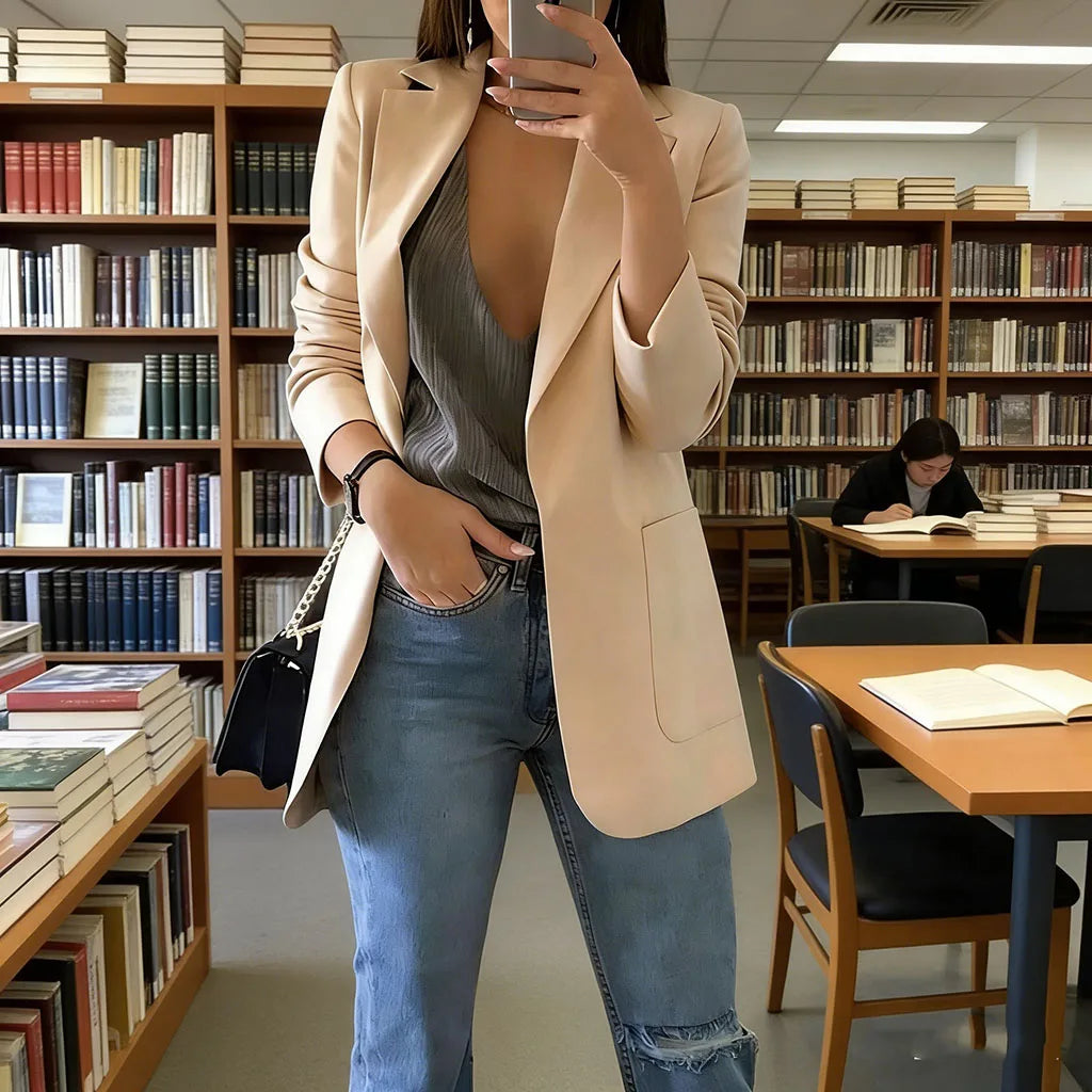2026 Elegant jacket Women's Suit Single office Casual British Professional Women's Buttonless suit collar pocket simple coat top