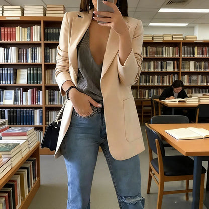 2026 Elegant jacket Women's Suit Single office Casual British Professional Women's Buttonless suit collar pocket simple coat top