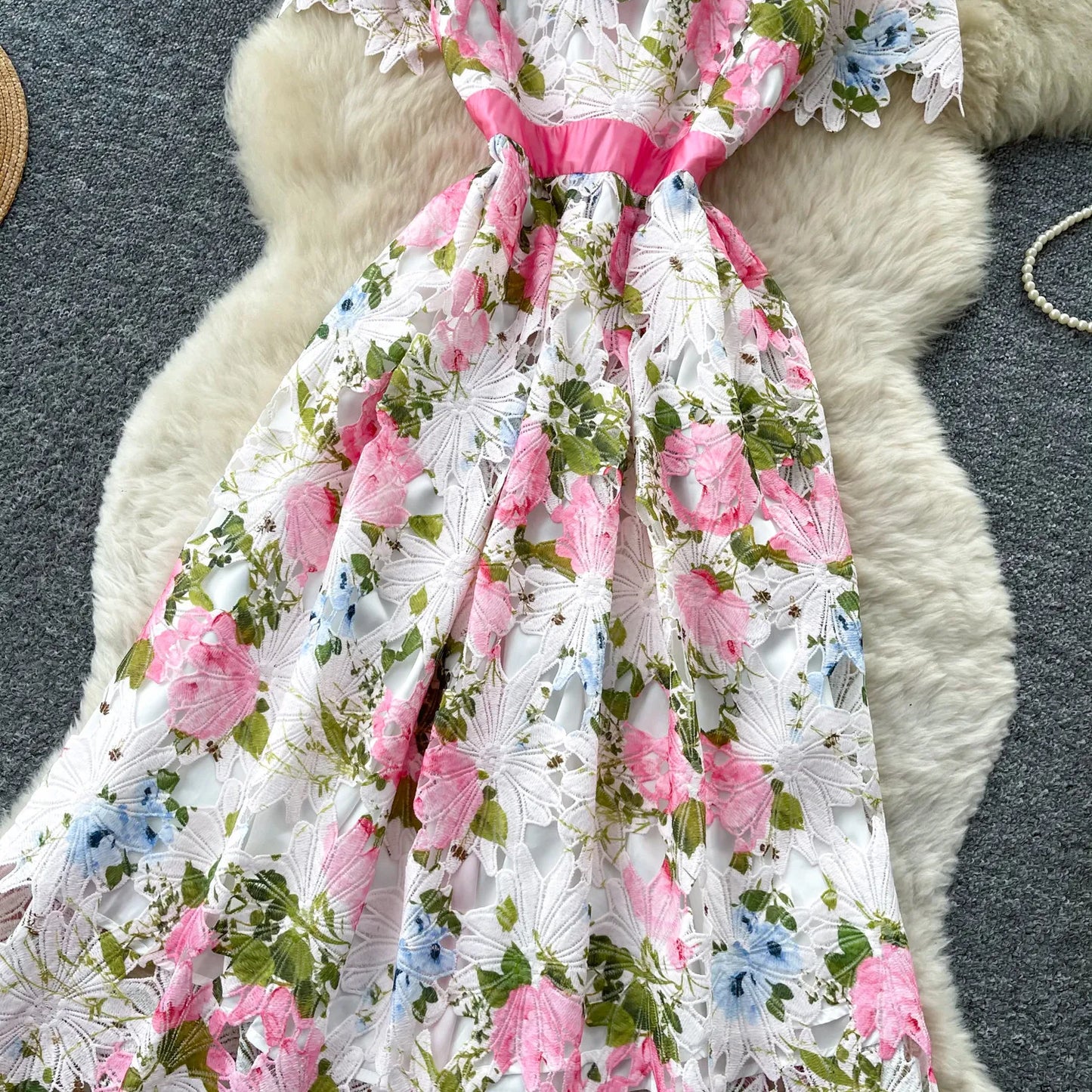 Embroidery Flower Vacation Dress French Style Blet Lapel Slim High Quality Hollow Out Ladies Elegant A-line Long Dress