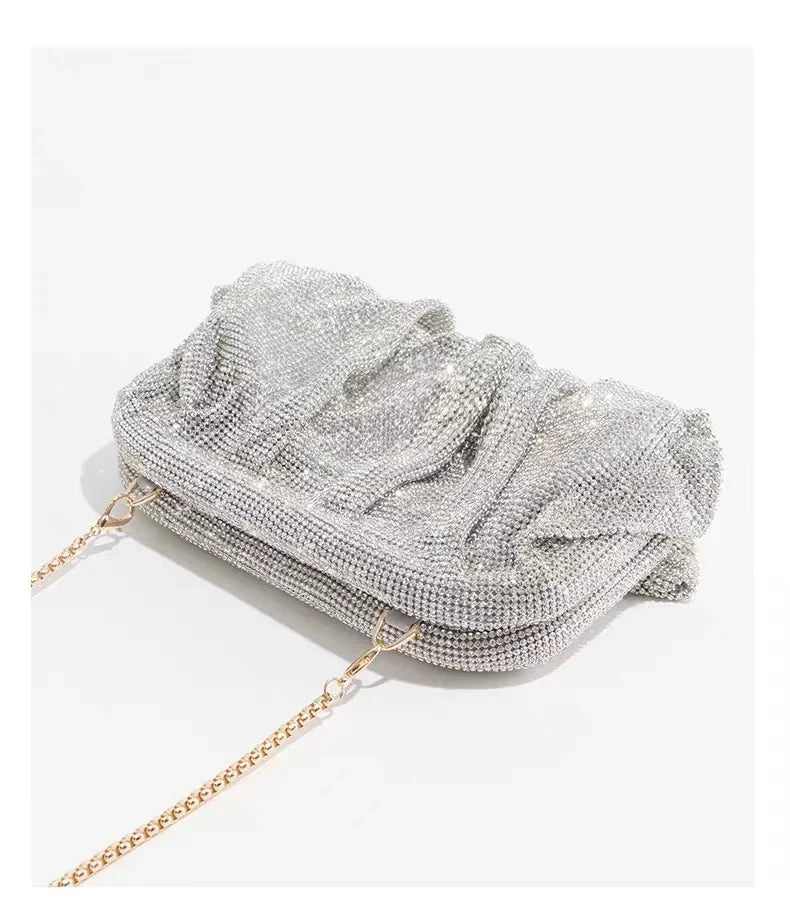 Shiny Silver Rhinestone Clutch Bags Women 2023 Luxury Designer Trending Boutique Folds Crystal Purses and Handbags Wedding Party