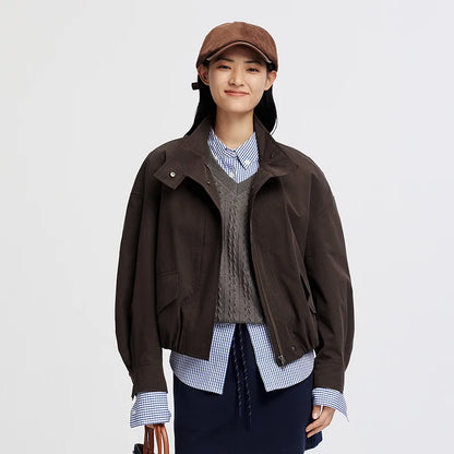 Women Jacket Solid Stand Collar Bubble Hem Oversize Dropped Shoulder Casual Style Autumn Outerwear Daily Wear 2026